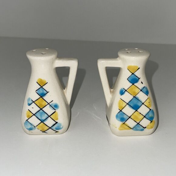 Geometric Blue and Yellow Salt and Pepper Shaker Set Vintage Diamond Japan - Picture 3 of 6